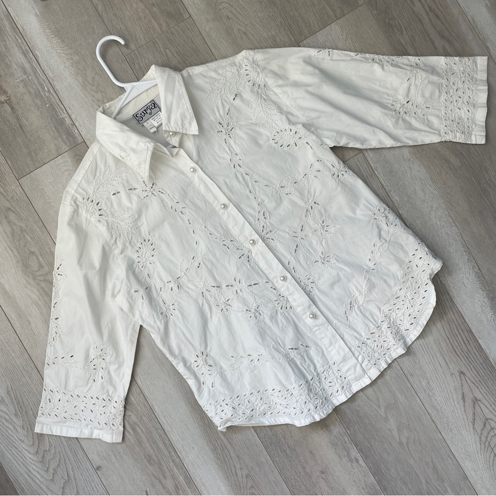 Vintage Beaded Shirt cotton eyelet button up women White large bohemian romantic